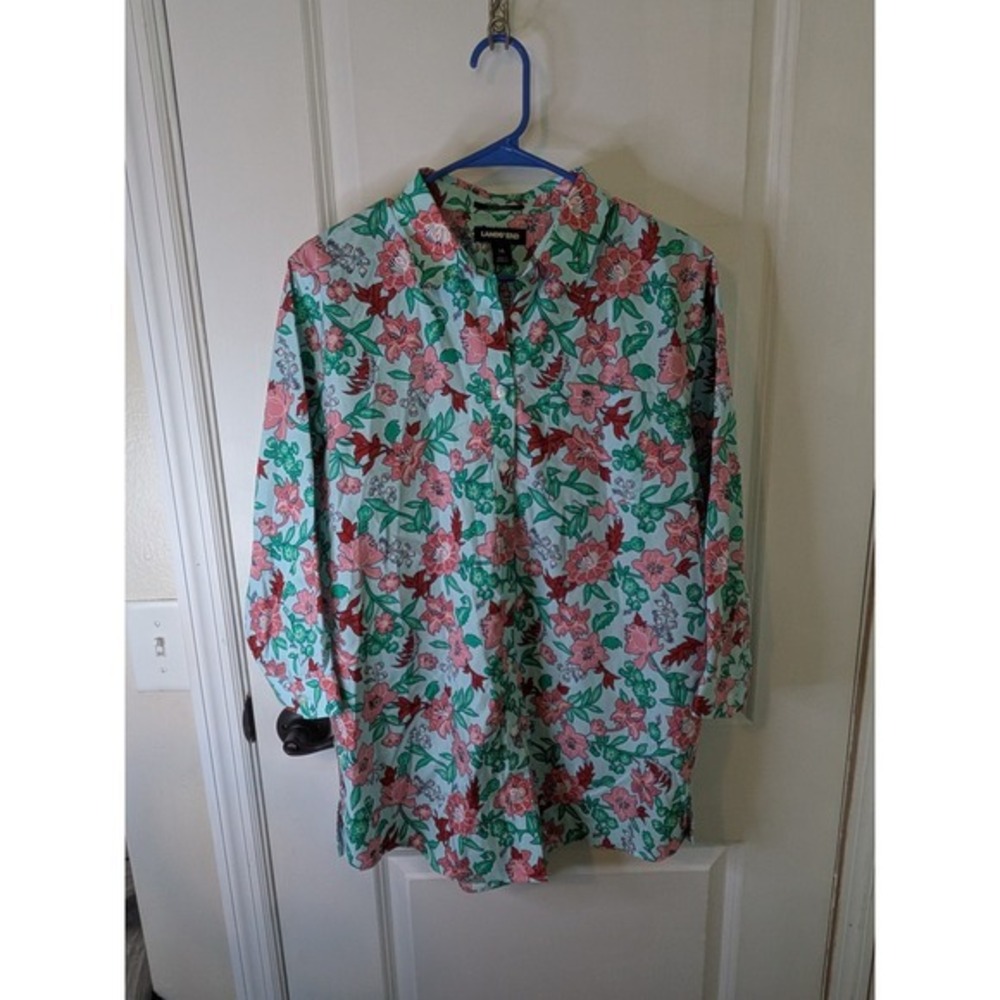Lands End No Iron Supima Cotton Floral Button Up Shirt Mint Green Pink Womens 14